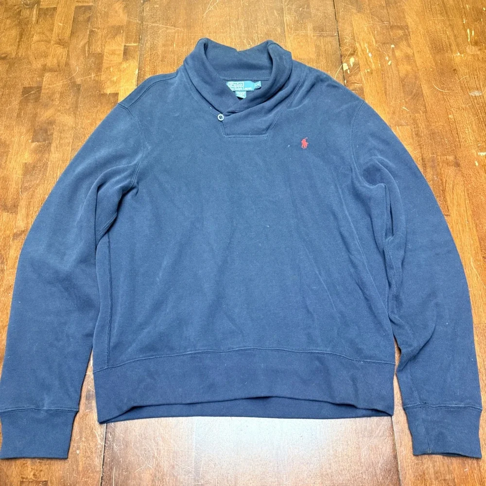 Polo‎ Ralph Lauren Men Navy Shawl Collar Sweatshirt Pullover Red Pony Logo Large